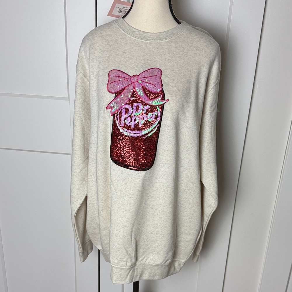 NWT XL dr.pepper lover bow pullover crewneck sweatshirt heather oatmeal coquette